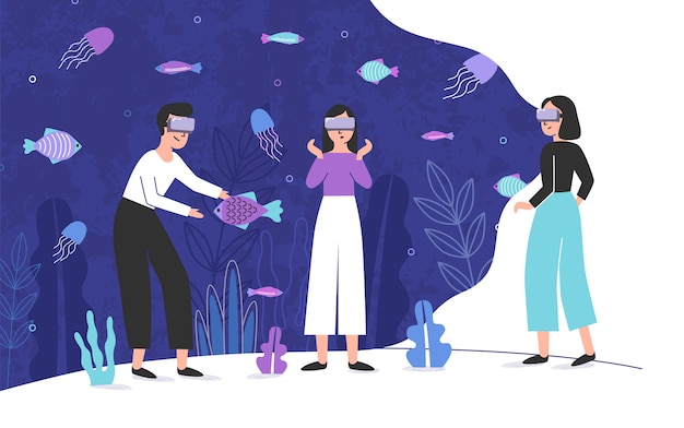 Vector three people wearing virtual reality glasses and standing inside giant aquarium full of exotic fish.