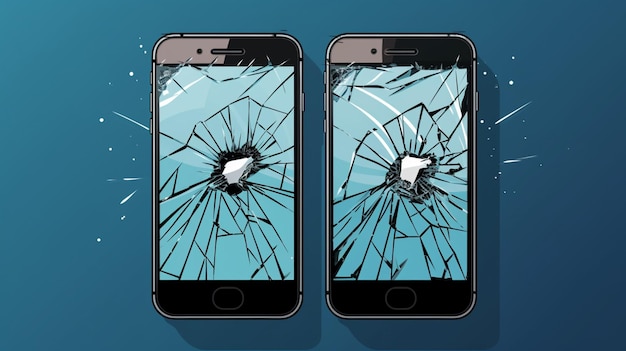 Vector three phones with one showing the screen showing the other with the other showing the broken glass