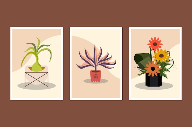 Vector three pictures on a wall with a flower pot and a letter