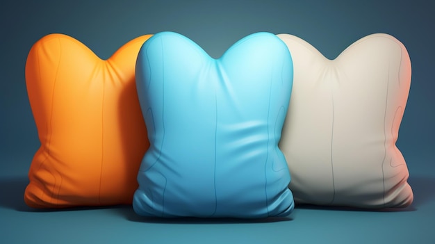 Vettore tre cuscini con un cuscino blu e arancione sull'altro