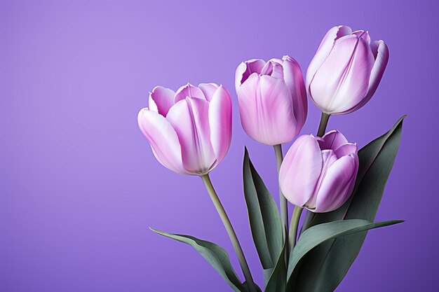 Three pink tulips on a purple background