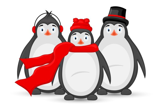 Three polar penguin winter earphones, cap, hat and scarf. postcard for the new year and Christmas. Isolated objects on white background. Template for text and congratulations.