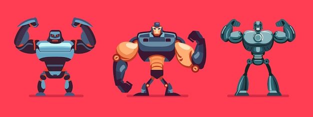 Three powerful fighter robots muscular robots showing their metallic muscles Angry cyber man ready