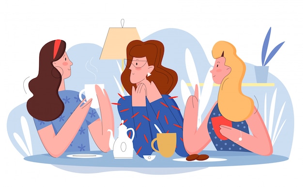 Vector three pretty women in cafe flat line character vector illustration concept