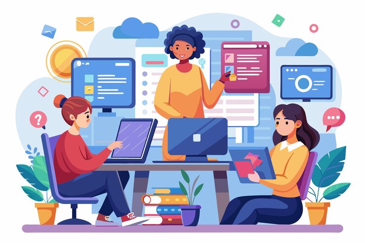 Vector three programmers engage in a collaborative coding session working on computers with digital content programmers learn programming through computers on websites