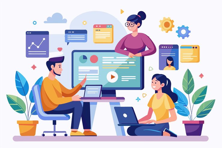 Vector three programmers work together in a vibrant workspace sharing ideas and coding techniques programmers learn programming on websites using computers flat illustration