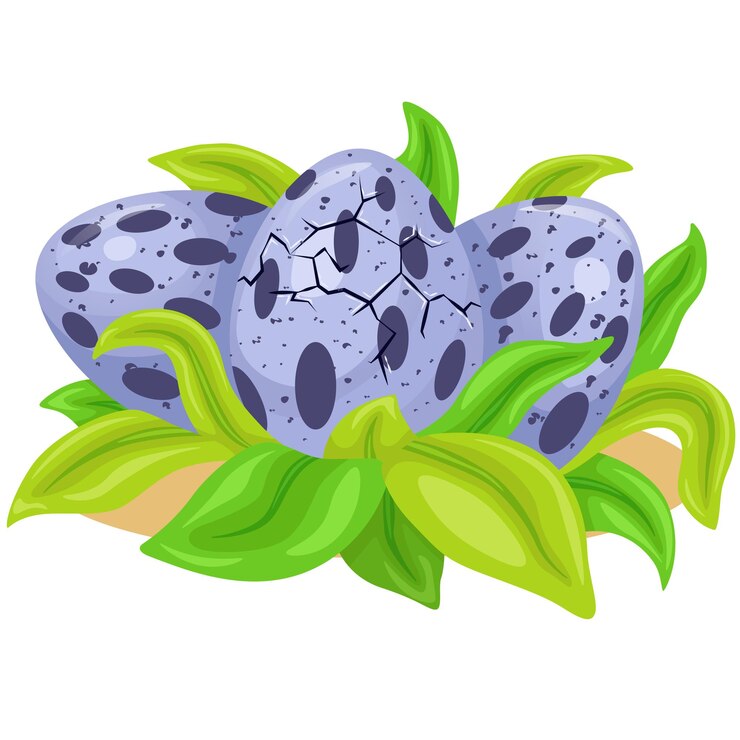 Three purple dinosaur eggs lie in the grass Cracks in one egg