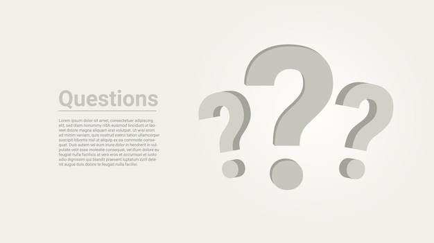 Three question marks on white studio background question text