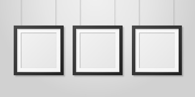 Vector three realistic black blank square wooden poster picture frame set hanging on the ropes mockup