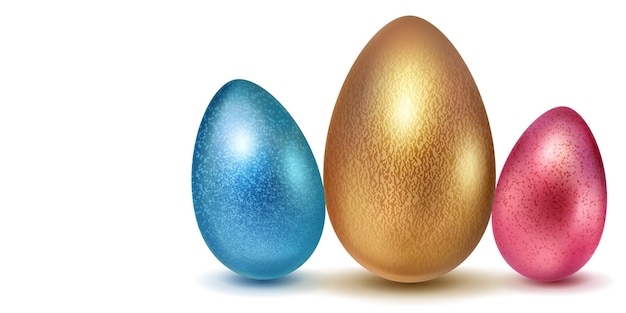 흰색 배경에 그림자가 있는 황금색 파란색과 빨간색으로 표면 질감이 다른 세 개의 현실적인 부활절 달걀