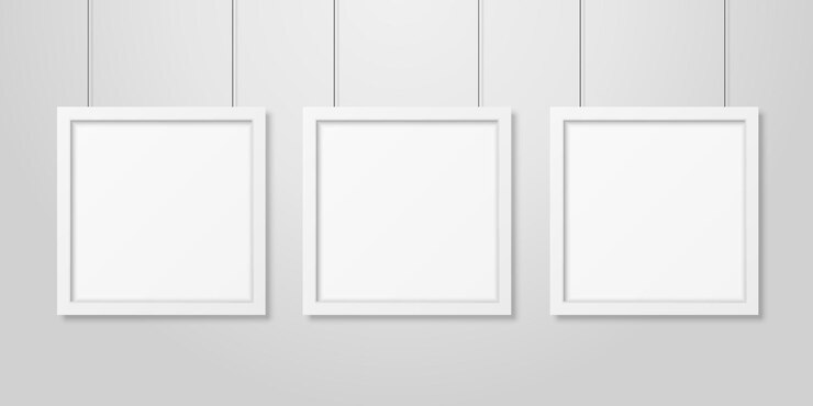 Vector three realistic interior white blank square wooden poster picture frame set hanging on the ropes