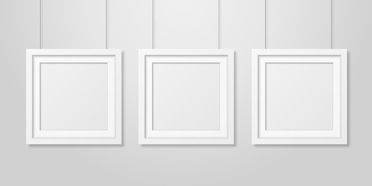 Vector three realistic modern interior white blank square wooden poster picture frame set