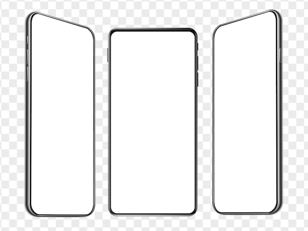 Tre modelli isometrici di mockup di smartphone realistici schermo bianco vuoto del telefono cellulare modello ui ux del dispositivo per modello di presentazione