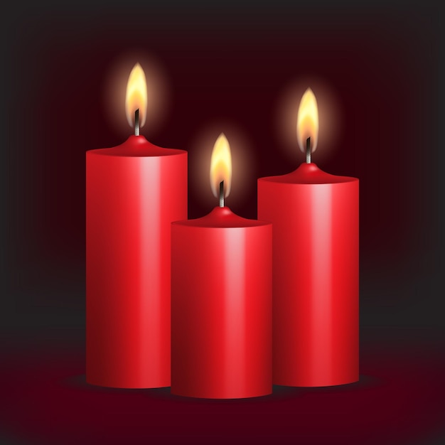 Three red burning candles on black background. Vector illustration