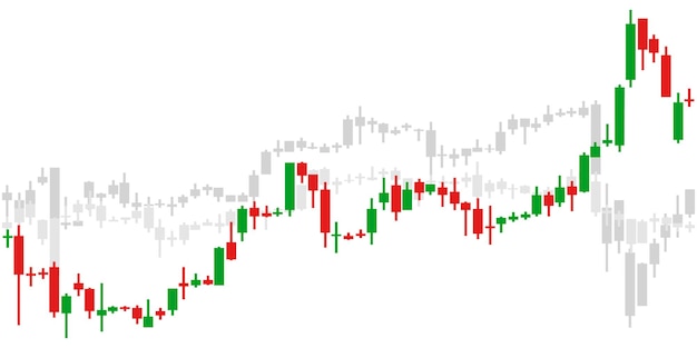 Three red green and grey Japanese candlestick graph charts on white background