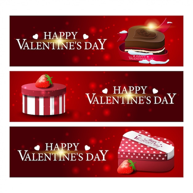 Three red greeting banners for Valentine's Day with chocolates and gifts