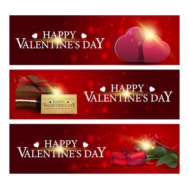 Три красных поздравительных баннера для Дня святого Валентина с цветами, сердцами и шоколадной конфетой