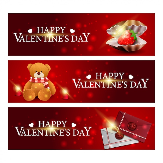 真珠貝、ラブレター、テディベアのバレンタインデーのための3つの赤い挨拶バナー