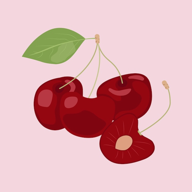 Three red juicy cherries with leaf isolated