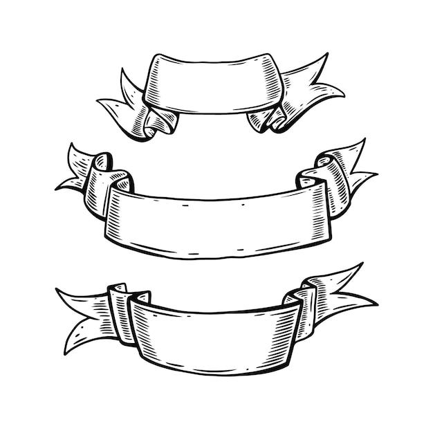 Три ленты баннер рисованной черный цвет ретро эскиз гравировка стиль векторные иллюстрации изолированные ...