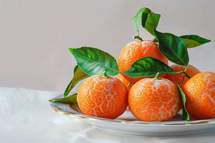 Vector three rize mandarins satsuma fruits in a plate