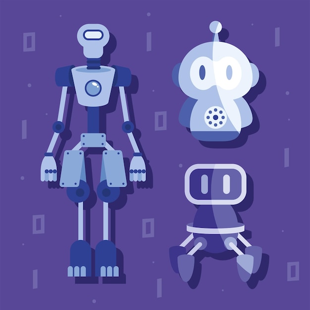 Tre robot personaggi futuristici