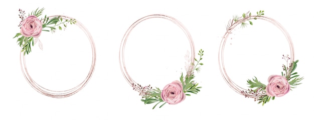 Three rose gold round frames decorated with watercolor floral elements and golden plants and gold