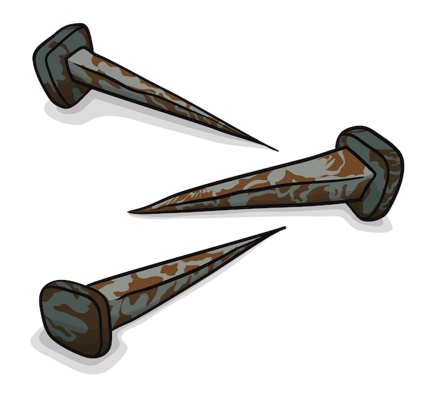 Vector three rusty old nails in cartoon style on white background