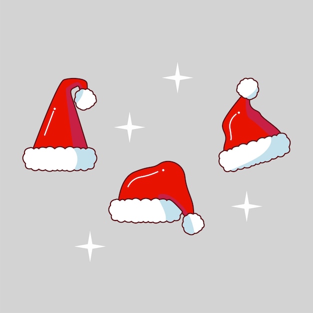 Three santa hats are on a gray background.