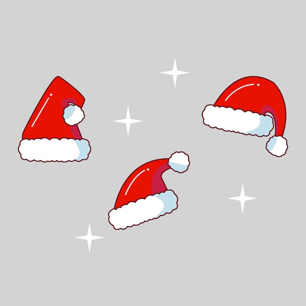 Three santa hats with a white cap and a white hat with a red cap and a white star on the bottom.
