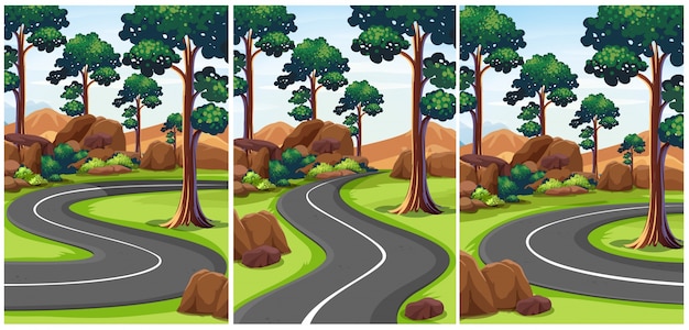 Three scenes of park with empty roads