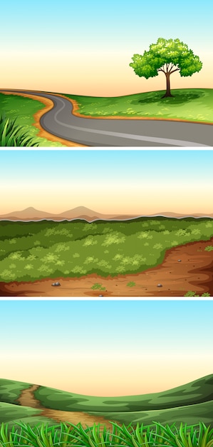 Vector three scenes with road in countryside illustration