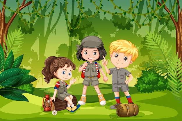 Three scout kids in the jungle