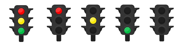 Three sets of LED traffic lights showing red amber or green lights