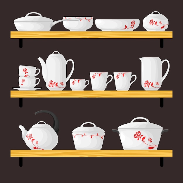 Three shelves with dishes. cookware set in cartoon style.