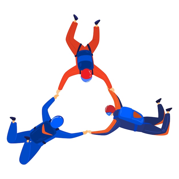 ベクトル 3人のスカイダイバーが自由落下中です 2人は青いスーツを着ており 1人は赤い服を着ています 飛行中のサークルチームを形成しています