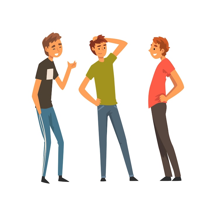 Vector three smiling best male friends talking together male friendship vector illustration isolated on white background
