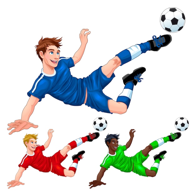 Vettore tre giocatori di calcio con diversi colori di capelli, pelle e vestito
