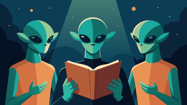 Vector three species of aliens gather around a human abductee each one holding a different section of an