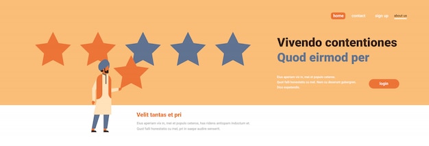 Three star rating indian man giving feedback banner