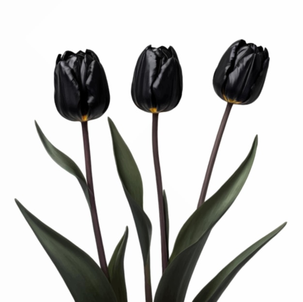 Tre bastoncini di fiori di tulipano di colore nero isolati su un semplice sfondo bianco