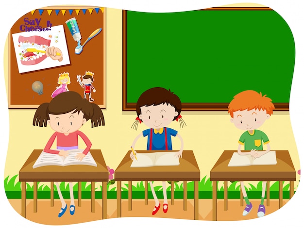 Three students learning in classroom