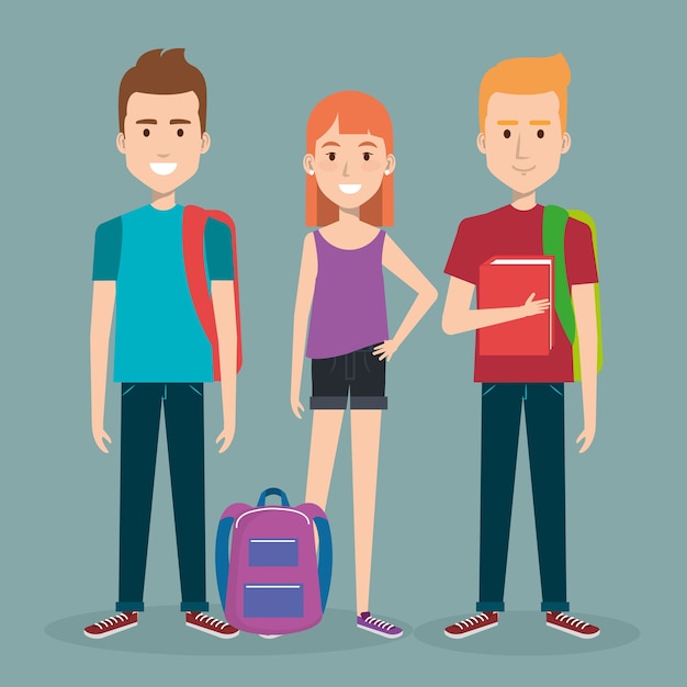 Три студенческие школы, стоящие вместе, держа книги и рюкзак