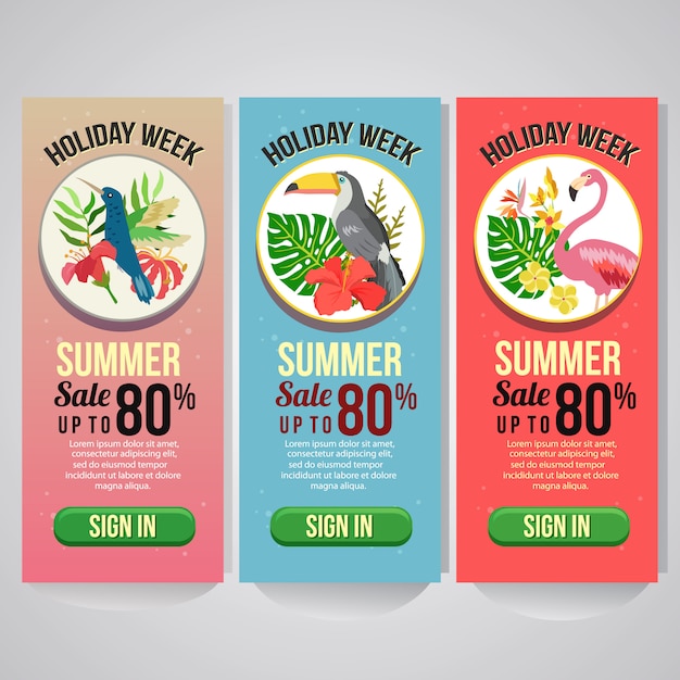 Three summer holiday vertical banner website tropical theme