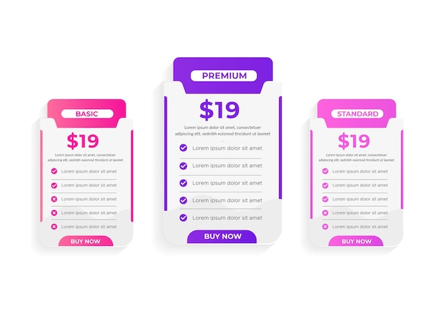Three tariffs banners web pricing table design for web landing page