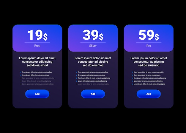 Vector three tariffs interface with pricing table or price list for websites and applications. vector