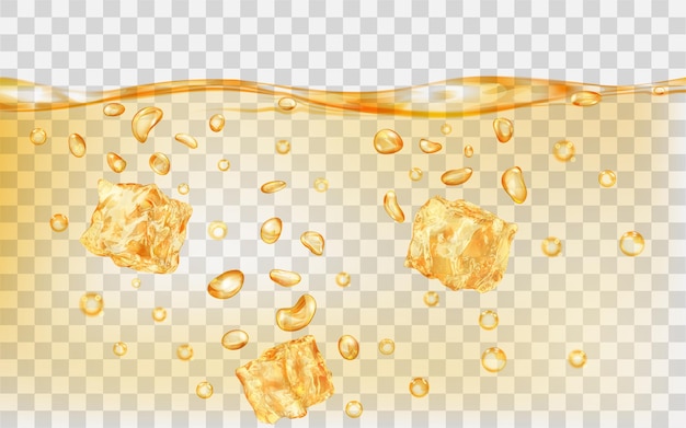 Three translucent yellow ice cubes and many air bubbles under the surface of water on transparent background. Transparency only in vector format