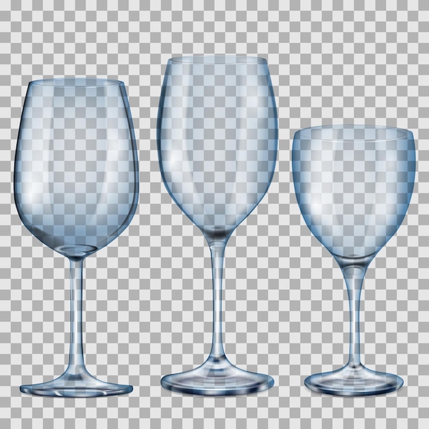 Tre calici di vetro vuoti blu trasparenti per vino