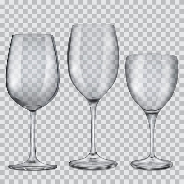 Tre calici vuoti in vetro trasparente per vino