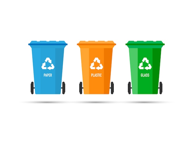 Tre pattumiere (bidoni della spazzatura) con segno di riciclaggio. illustrazione vettoriale